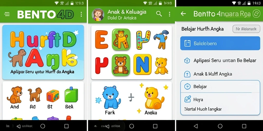 Tampilan menarik aplikasi BENTO4D untuk belajar huruf dan angka.
